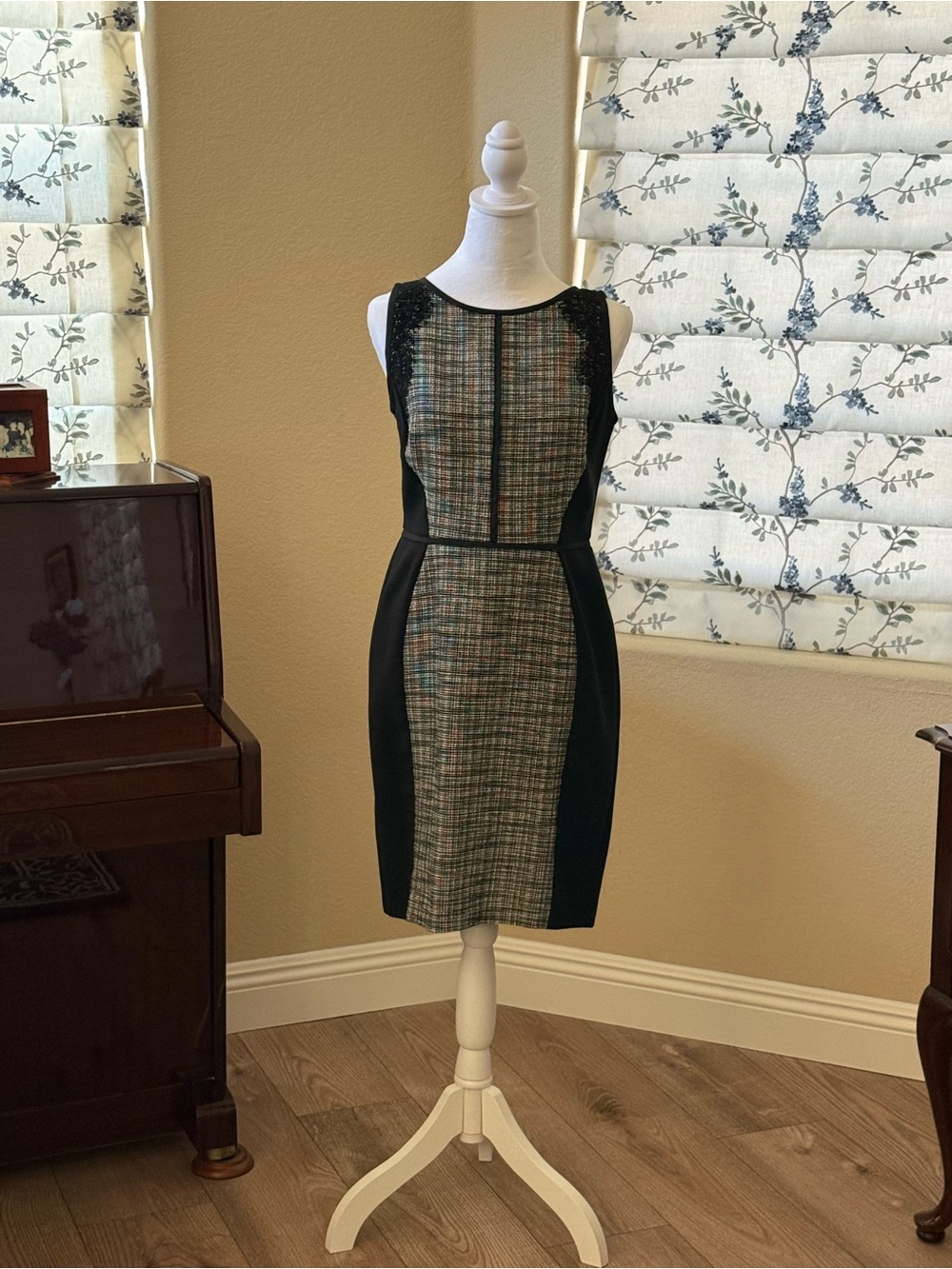 LOFT Black and Cream Tweed-Panel Midi Dress